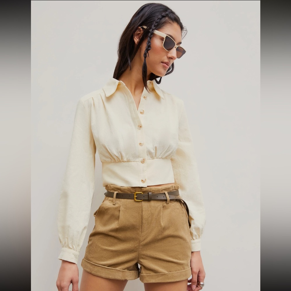 Woven Collar Ruched Crop Blouse